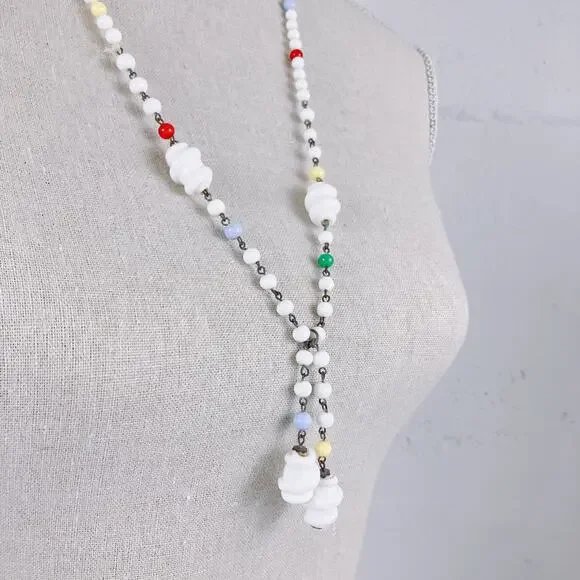 Vintage Milk Glass Lariat Necklace Long Knotted Beaded Y Drop Fun Folk Art Style - Picture 5 of 13
